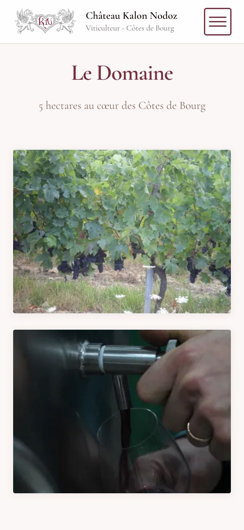 Site du Château Kalon Nodoz sur mobile : photos des vignes et du domaine à Tauriac